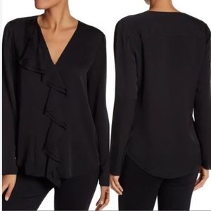 Theory Jastrid black silk blouse ruffle v neck long sleeve Size L